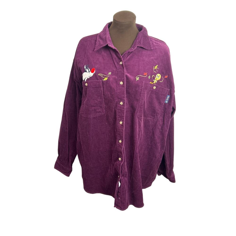 Looney Tunes Women’s Button Down Corduroy Top Tweety Bird Sylvester Size  XL